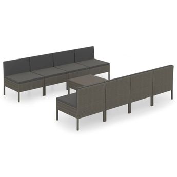 vidaXL 9 Piece Patio Lounge Set with Cushions Poly Rattan Gray