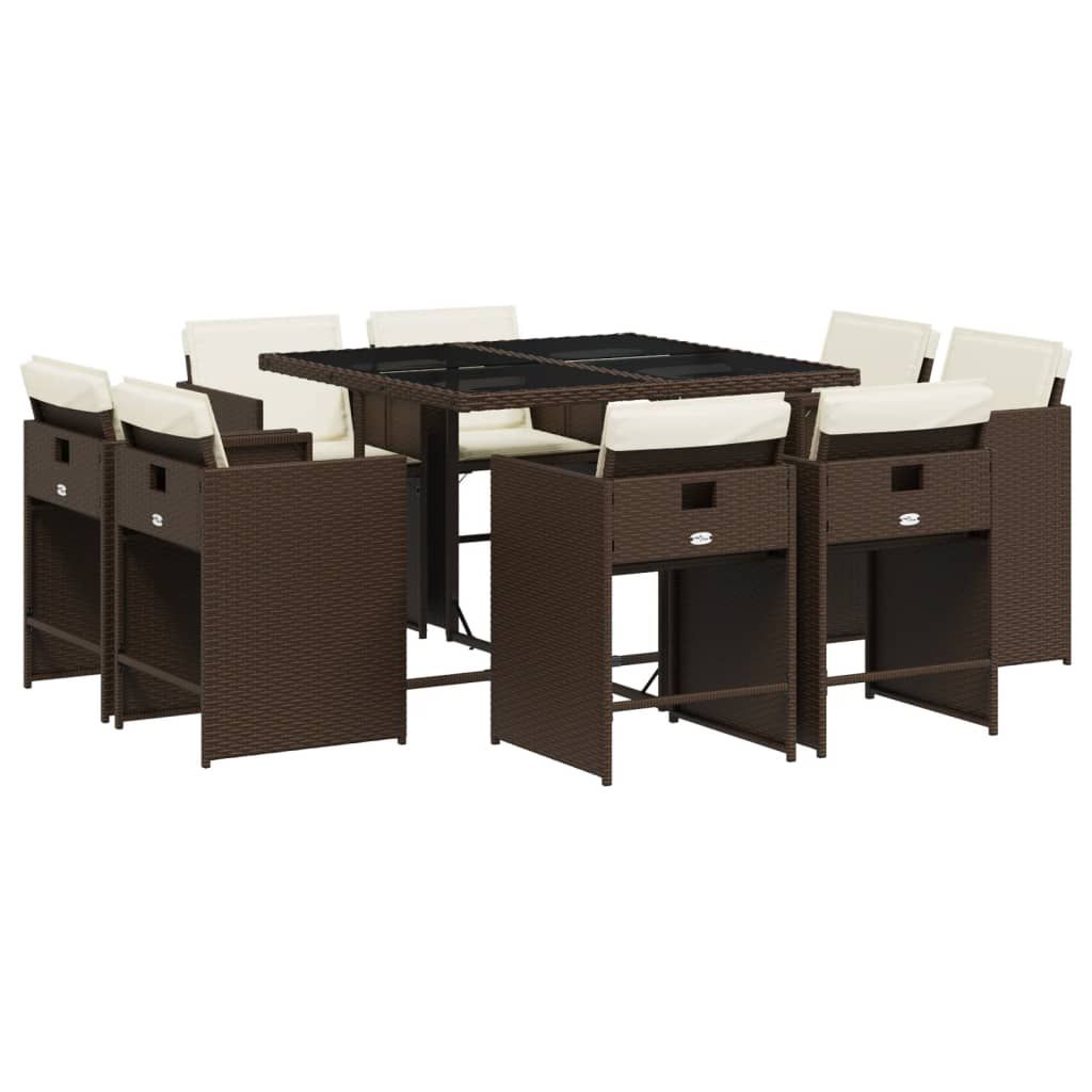 vidaXL 9 Piece Patio Dining Set with Cushions Brown Poly Rattan