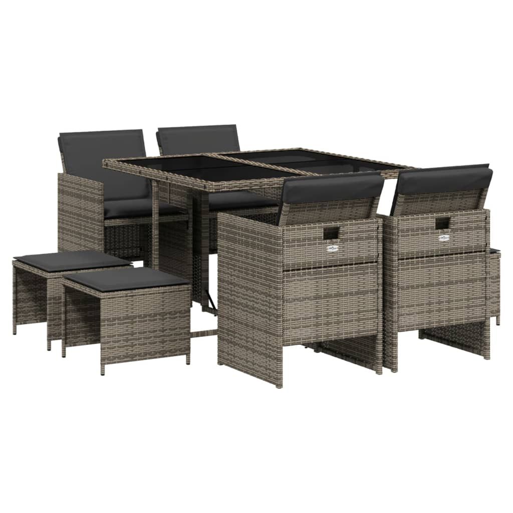vidaXL 9 Piece Patio Dining Set with Cushions Gray Poly Rattan