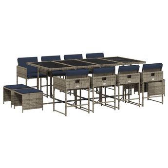 vidaXL 13 Piece Garden Dining Set with Cushions Grey Poly Rattan