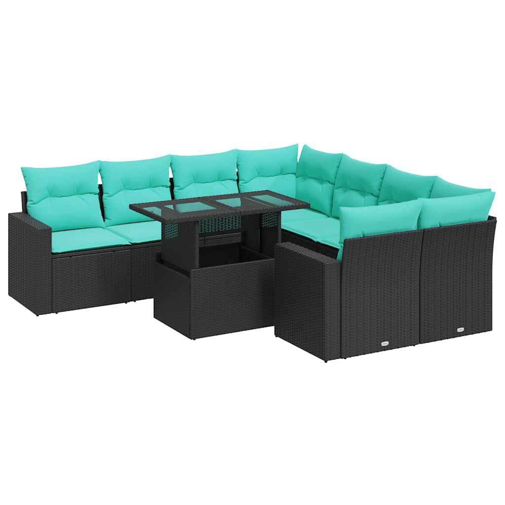 vidaXL 9 Piece Garden Sofa Set with Cushions Black Poly Rattan Acacia