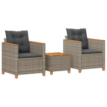 vidaXL 3 Piece Bistro Set with Cushions Grey Poly Rattan Acacia Wood