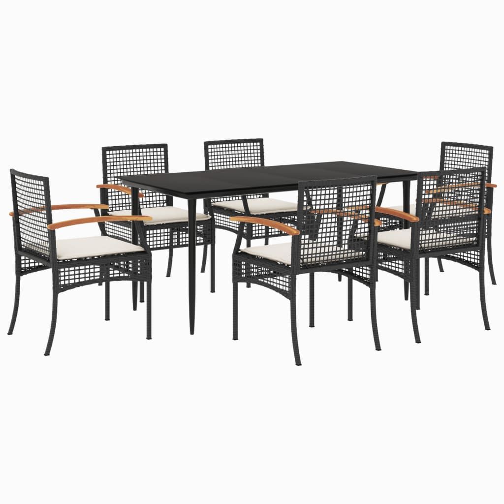 vidaXL 7 Piece Patio Dining Set with Cushions Black Poly Rattan