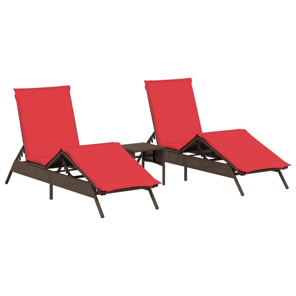 vidaXL Sun Loungers 2 pcs with Table Brown Poly Rattan