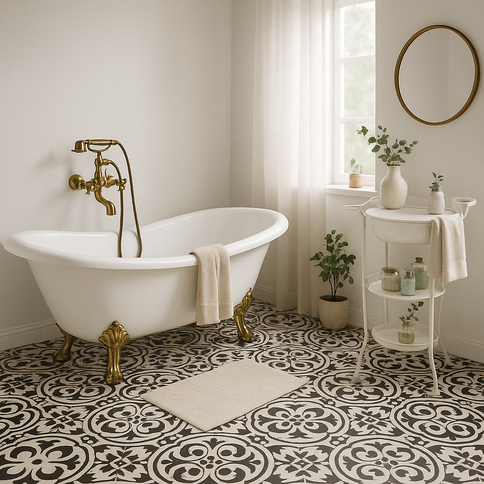 Retro bathroom in white and gold tones