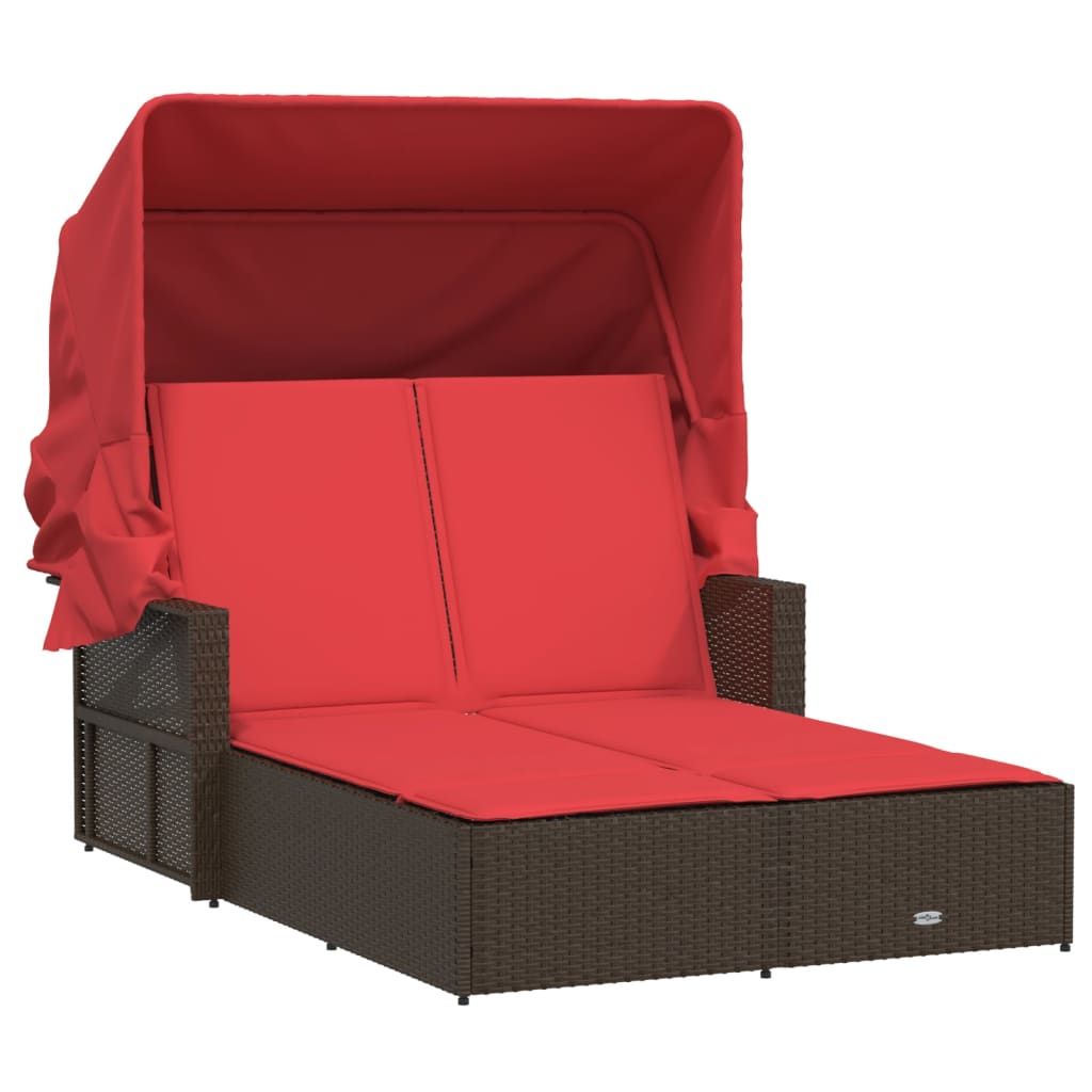 vidaXL Double Sun Lounger with Canopy and Cushions Brown Poly Rattan