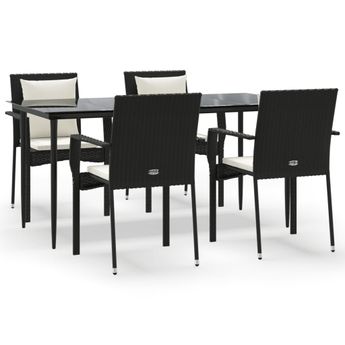 vidaXL 5 Piece Garden Dining Set with Cushions Black Poly Rattan
