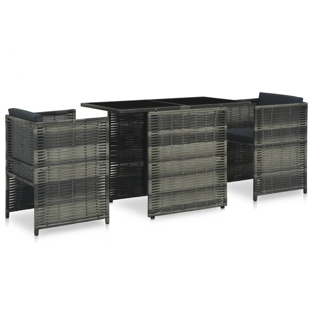 vidaXL 3 Piece Bistro Set with Cushions Poly Rattan Gray