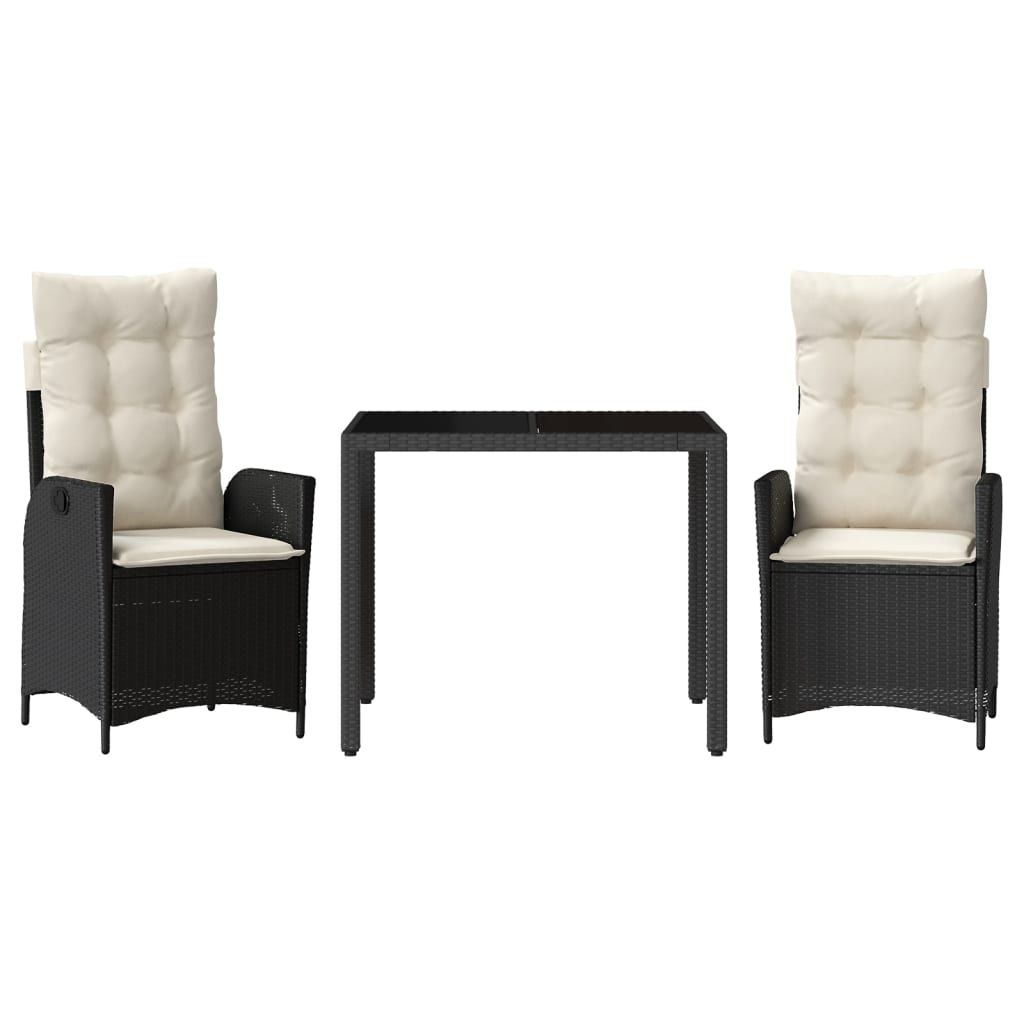 vidaXL 3 Piece Garden Dining Set with Cushions Black Poly Rattan