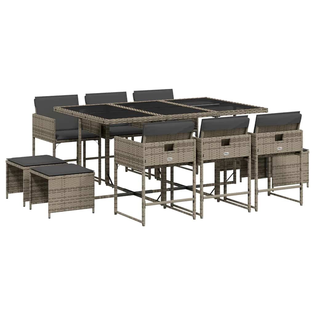 vidaXL 11 Piece Patio Dining Set with Cushions Gray Poly Rattan