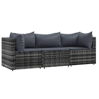 vidaXL 3 Piece Garden Lounge Set with Cushions Grey Poly Rattan