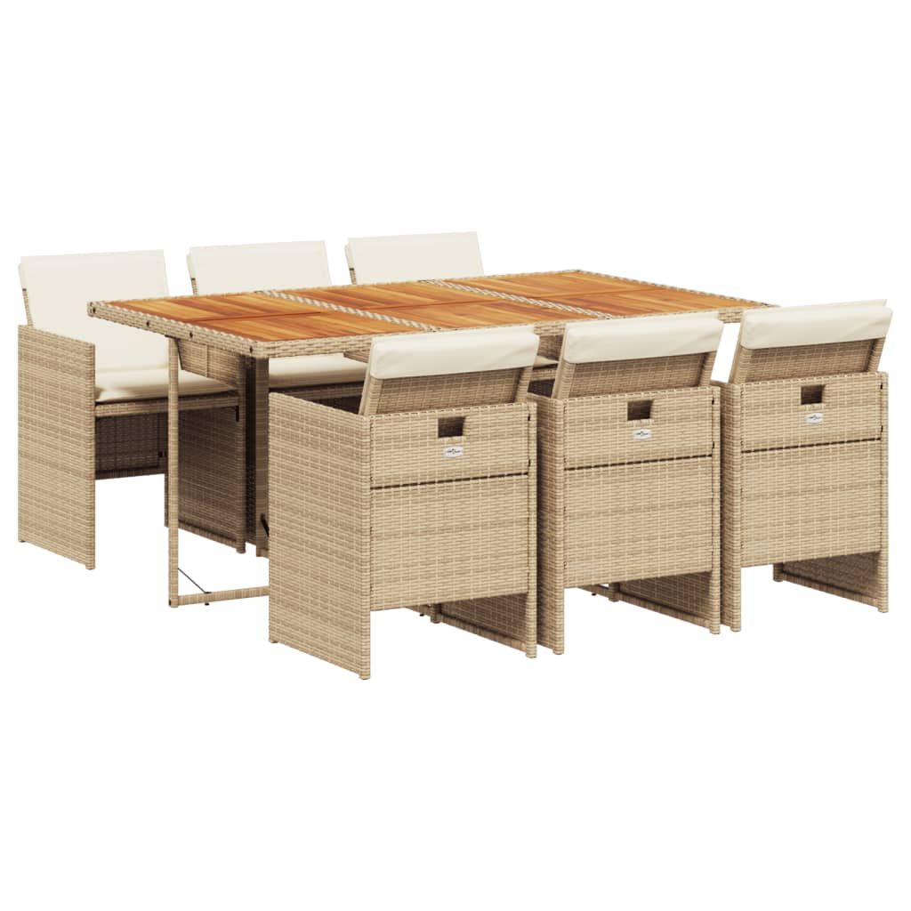 vidaXL 7 Piece Patio Dining Set with Cushions Beige Poly Rattan