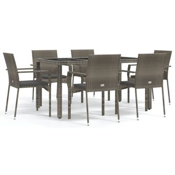 vidaXL 7 Piece Garden Dining Set with Cushions Grey Poly Rattan