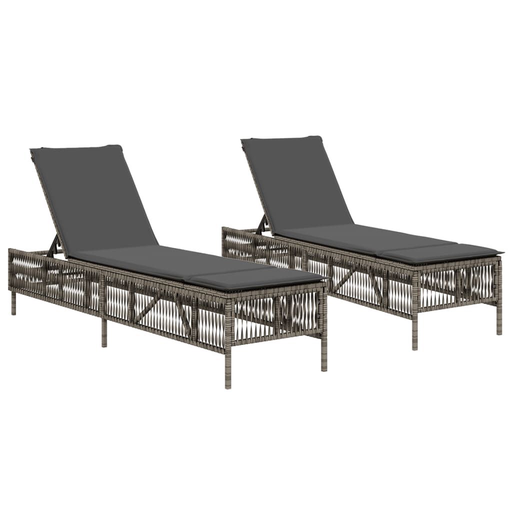 vidaXL Sun Loungers with Cushions 2 pcs Gray Poly Rattan