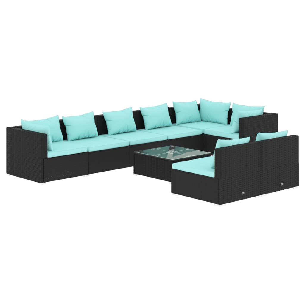 vidaXL 9 Piece Patio Lounge Set with Cushions Black Poly Rattan