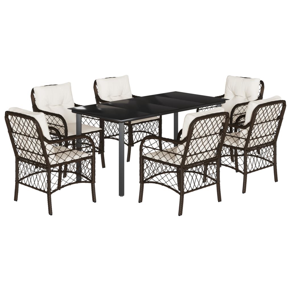 vidaXL 7 Piece Garden Dining Set with Cushions Brown Poly Rattan