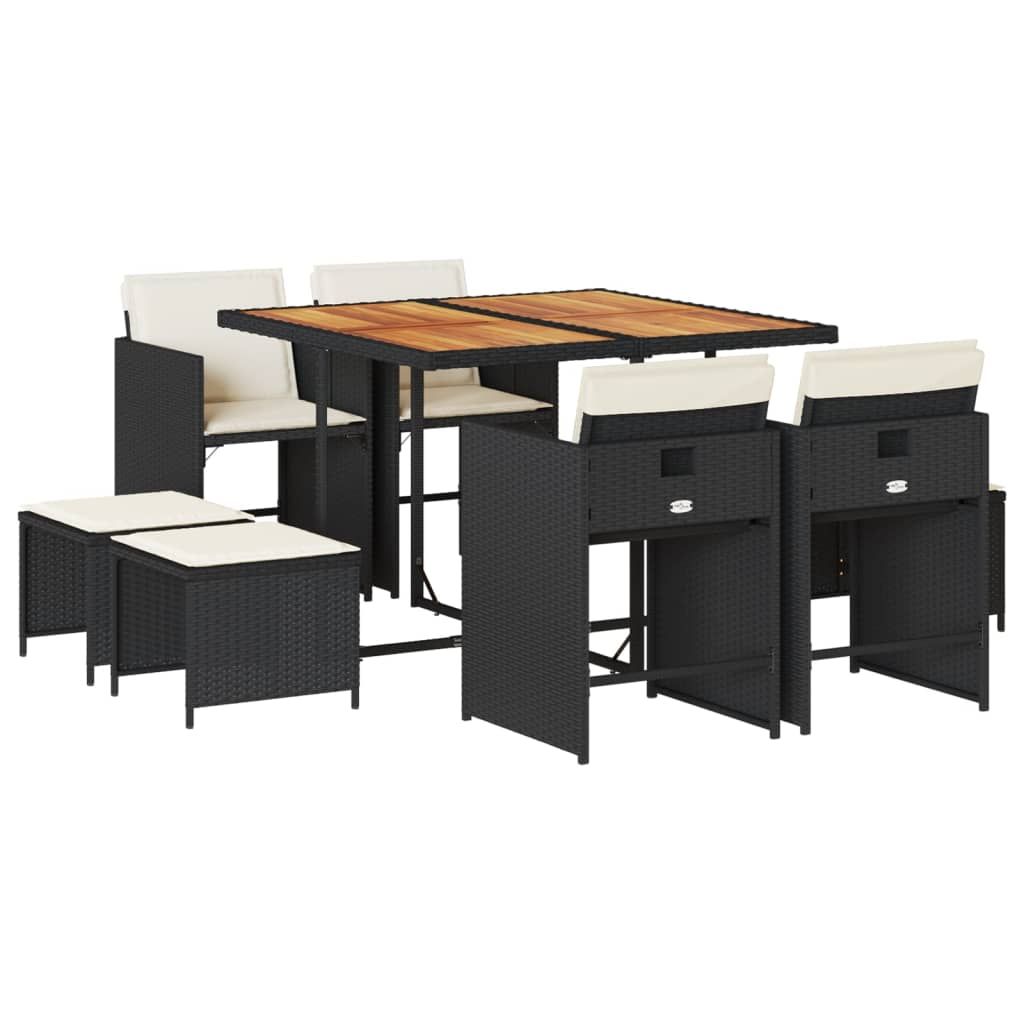 vidaXL 9 Piece Patio Dining Set with Cushions Black Poly Rattan