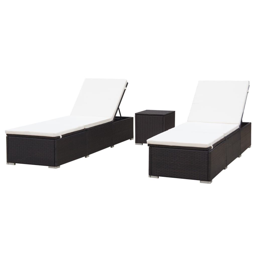 vidaXL Sun Loungers 2 pcs with Table Poly Rattan Brown