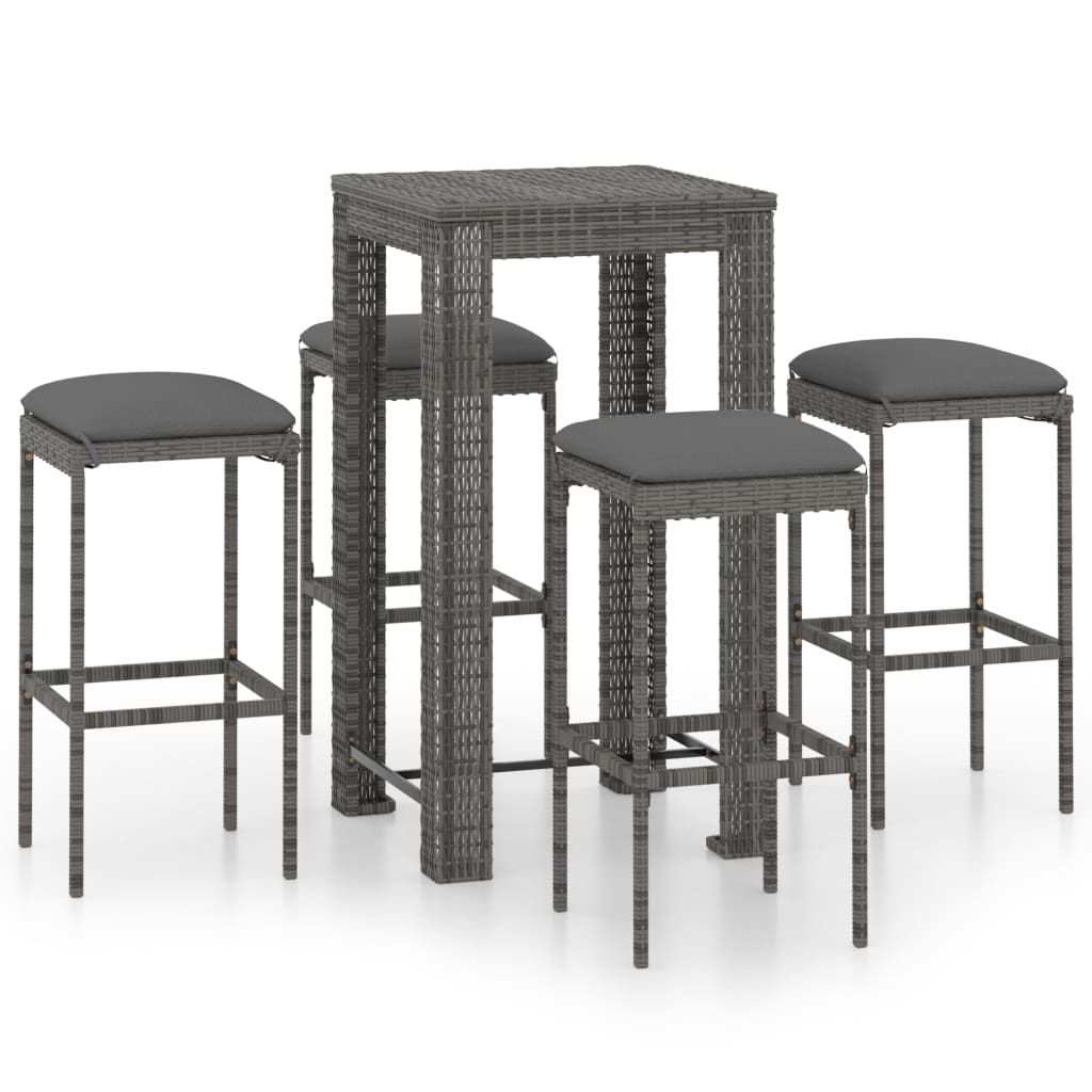 vidaXL 5 Piece Patio Bar Set with Cushions Poly Rattan Gray