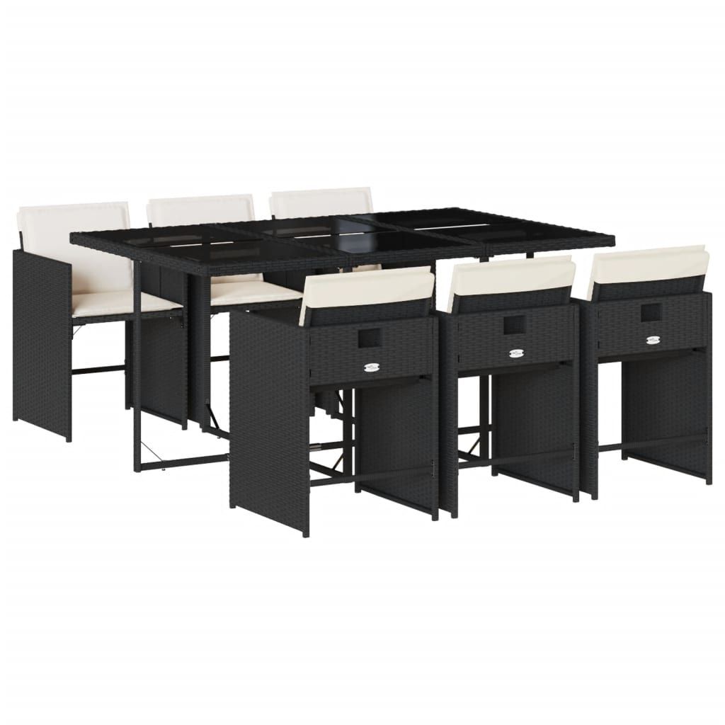 vidaXL 7 Piece Patio Dining Set with Cushions Black Poly Rattan