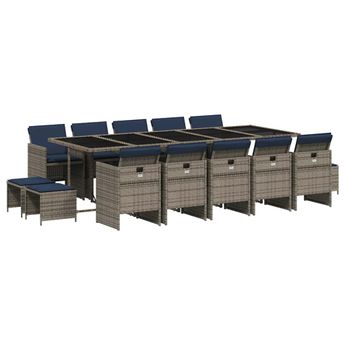 vidaXL 15 Piece Garden Dining Set with Cushions Grey Poly Rattan