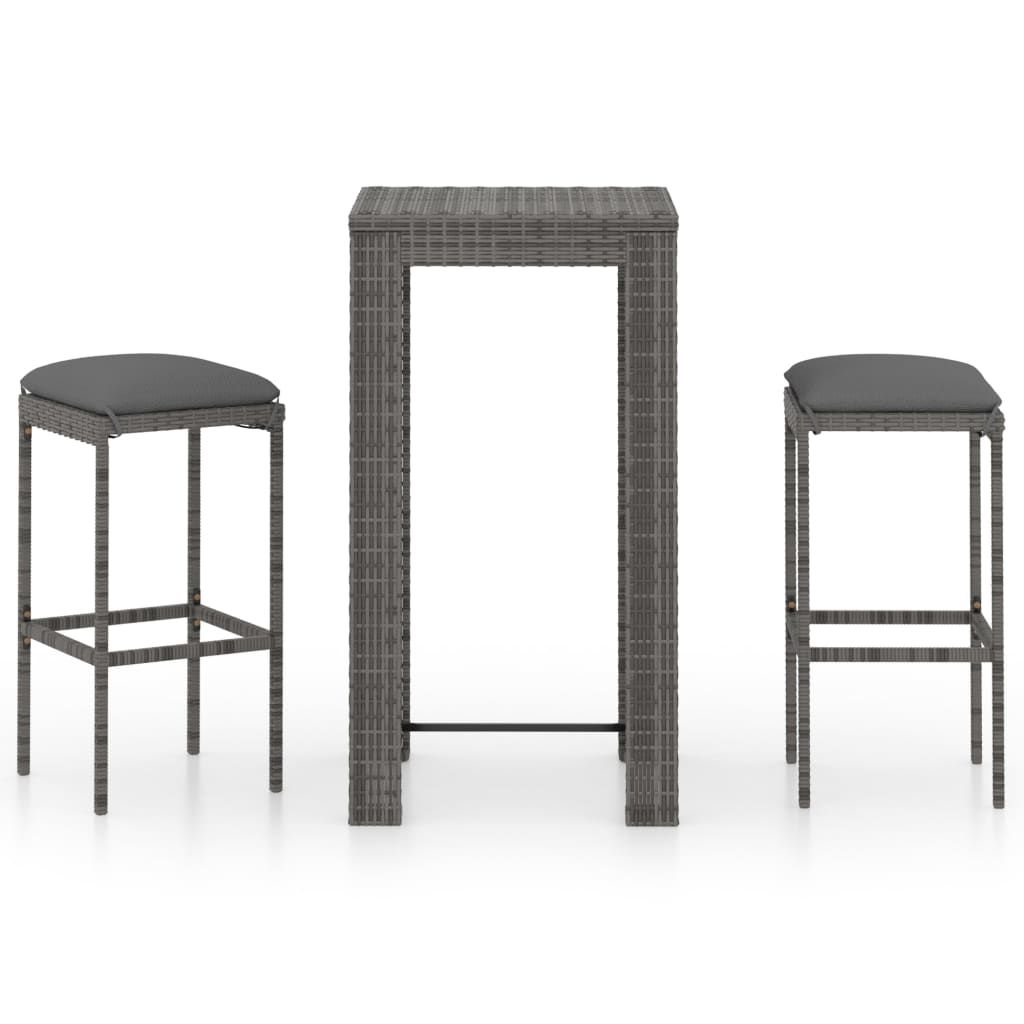 vidaXL 3 Piece Patio Bar Set with Cushions Poly Rattan Gray