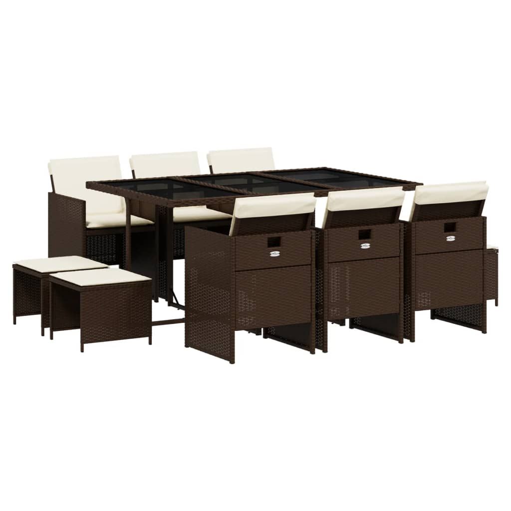 vidaXL 11 Piece Patio Dining Set with Cushions Brown Poly Rattan