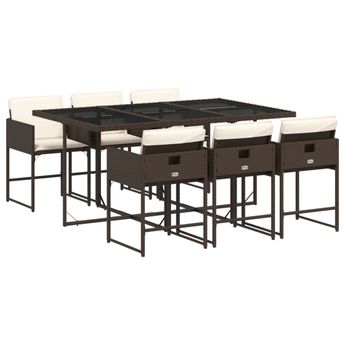 vidaXL 7 Piece Patio Dining Set with Cushions Brown Poly Rattan