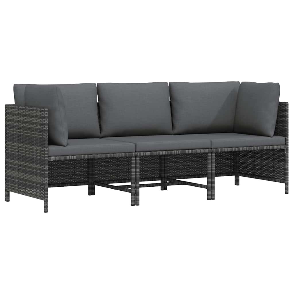 vidaXL 3-Seater Patio Sofa with Cushions Gray Poly Rattan