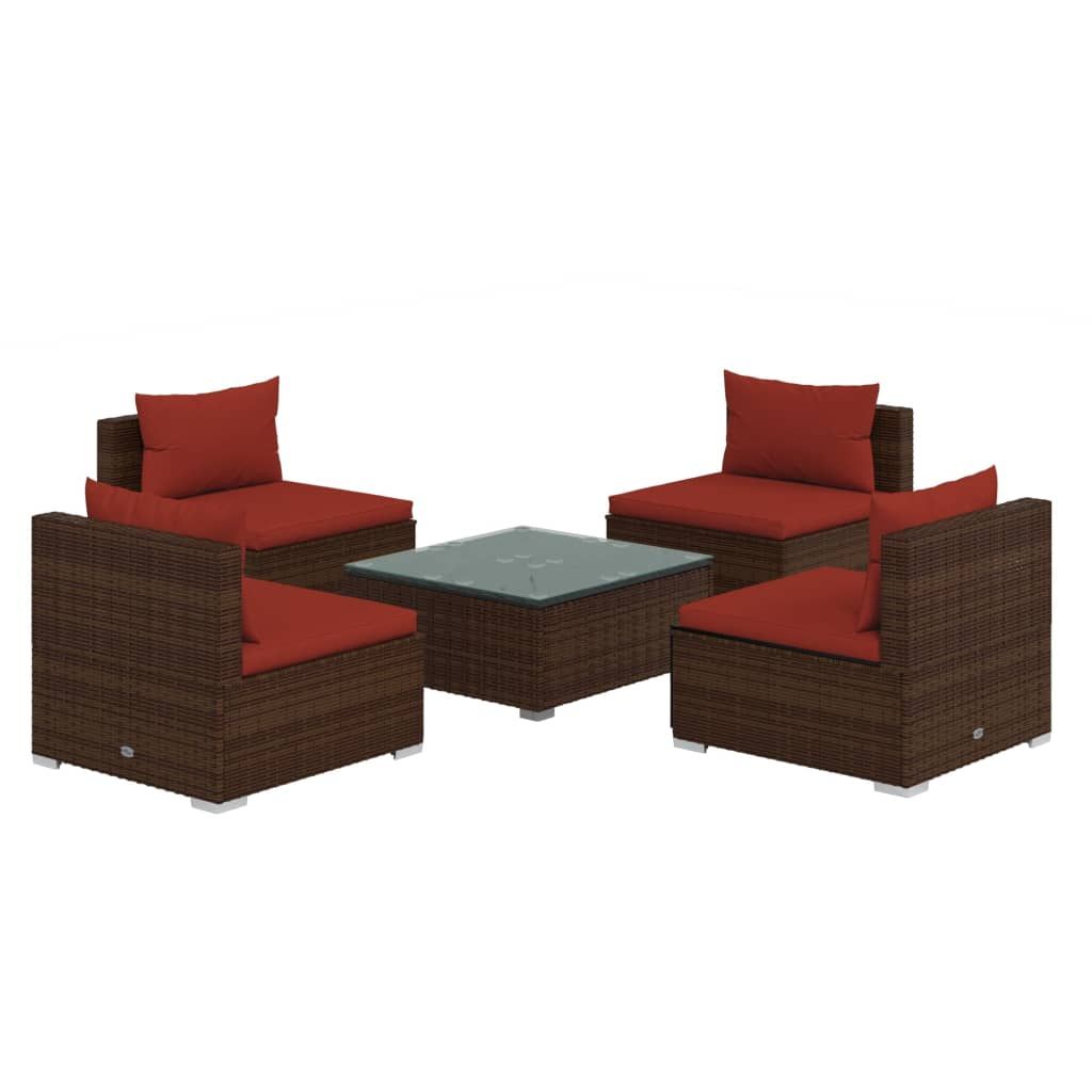 vidaXL 5 Piece Patio Lounge Set with Cushions Poly Rattan Brown
