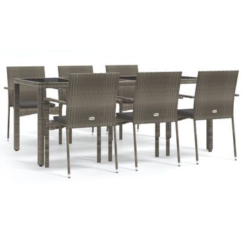 vidaXL 7 Piece Garden Dining Set with Cushions Grey Poly Rattan