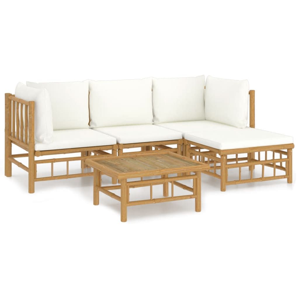 vidaXL 5 Piece Garden Lounge Set with Cream White Cushions Bamboo