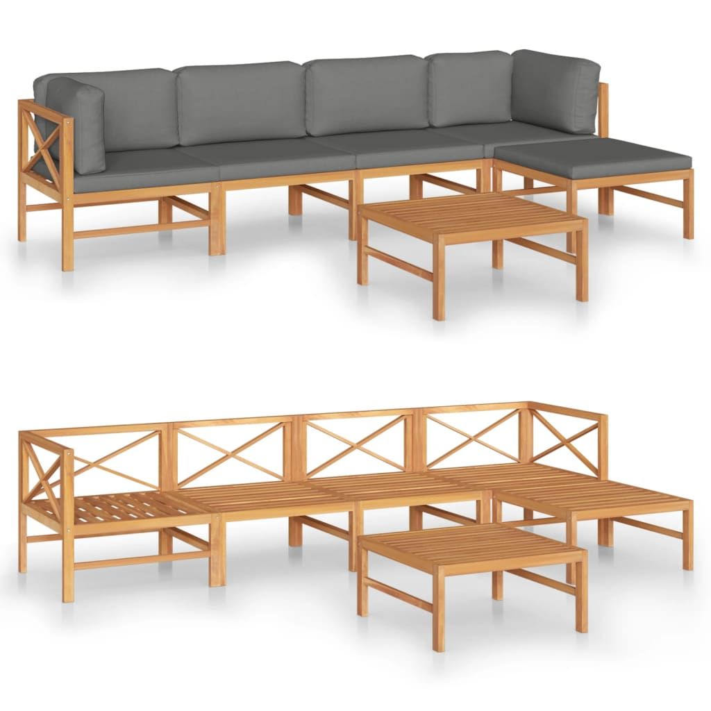 vidaXL 6 Piece Patio Lounge Set with Gray Cushions Solid Teak Wood