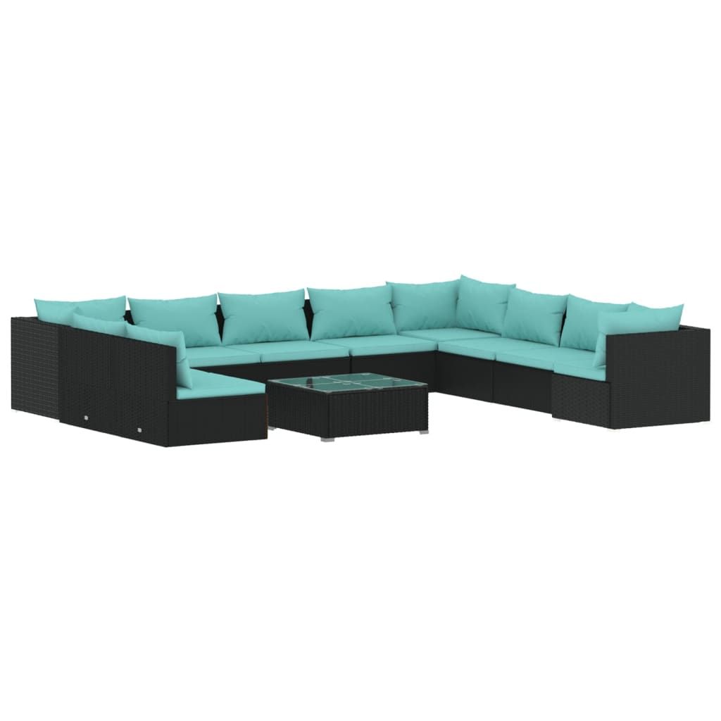 vidaXL 11 Piece Patio Lounge Set with Cushions Black Poly Rattan