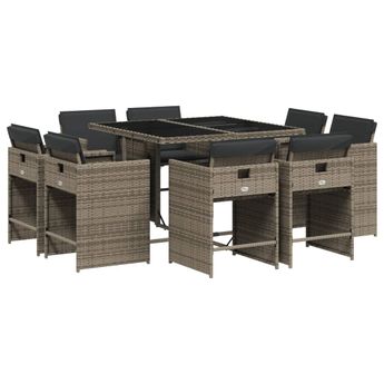 vidaXL 9 Piece Patio Dining Set with Cushions Gray Poly Rattan