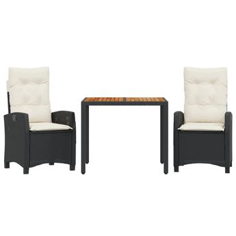 vidaXL 3 Piece Garden Dining Set with Cushions Black Poly Rattan