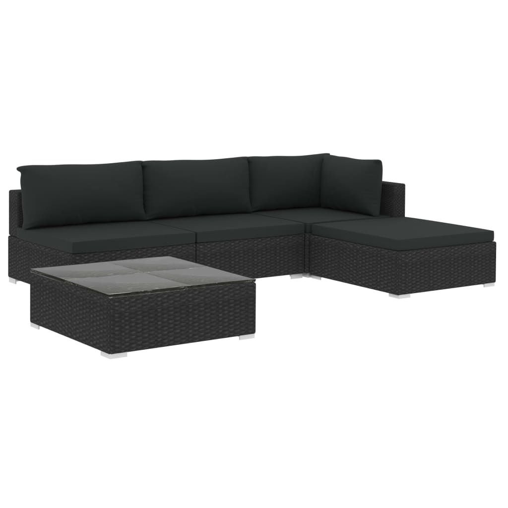vidaXL 5 Piece Patio Lounge Set with Cushions Poly Rattan Black