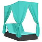 vidaXL Double Sun Lounger with Roof and Curtains Black Poly Rattan