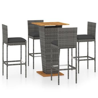 vidaXL 5 Piece Patio Bar Set with Cushions Poly Rattan Gray