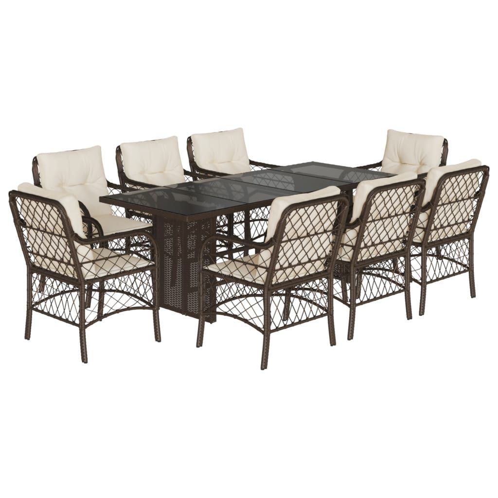 vidaXL 9 Piece Garden Dining Set with Cushions Brown Poly Rattan