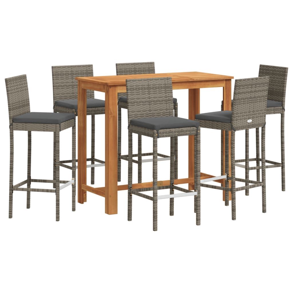 vidaXL 7 Piece Patio Bar Set Gray Solid Wood Acacia and Poly Rattan