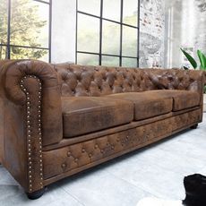 Estila Luxury vintage brown sofa Antik with chesterfield leather stitching with rivets with black legs 205 cm