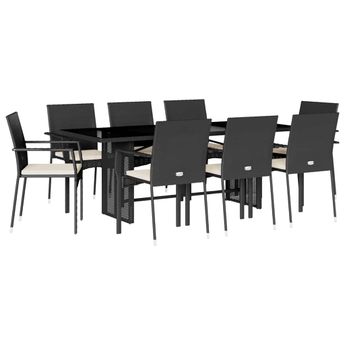 vidaXL 9 Piece Garden Dining Set with Cushions Black Poly Rattan