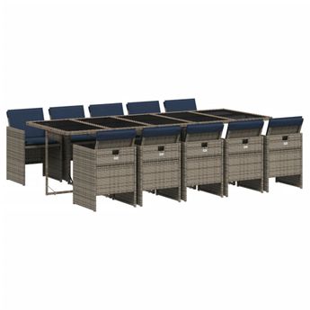 vidaXL 11 Piece Garden Dining Set with Cushions Grey Poly Rattan