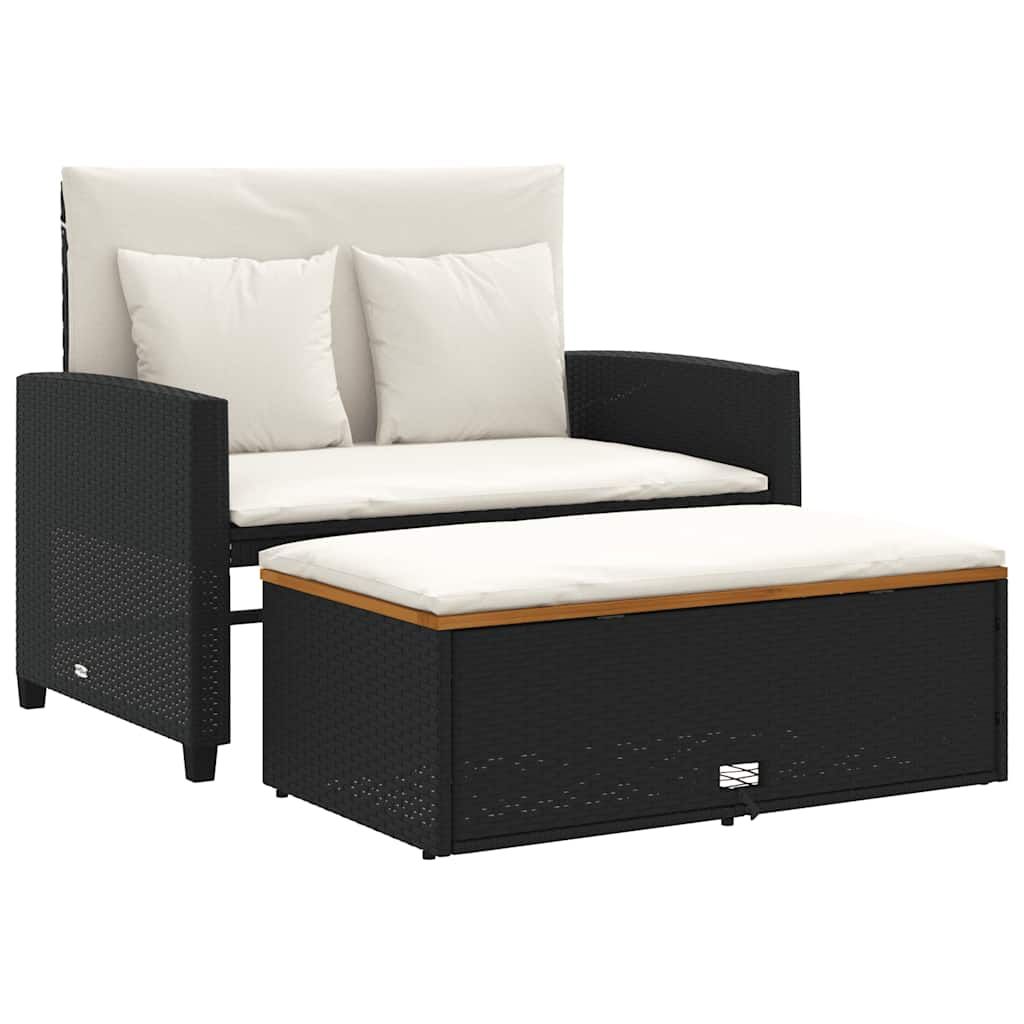 vidaXL Garden Sofa with Cushions 2-Seater Black Poly Rattan&Acacia Wood