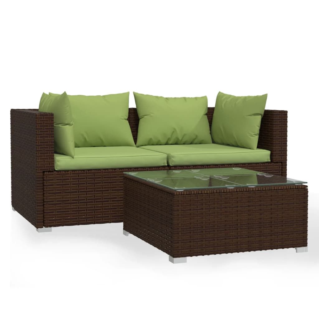 vidaXL 3 Piece Patio Lounge Set with Cushions Brown Poly Rattan