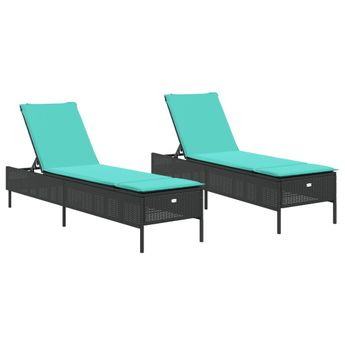 vidaXL Sun Loungers with Cushions 2 pcs Black Poly Rattan