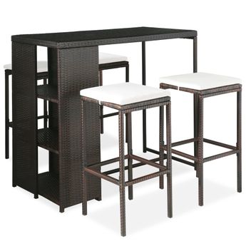 vidaXL 5 Piece Patio Bar Set with Cushions Poly Rattan Brown