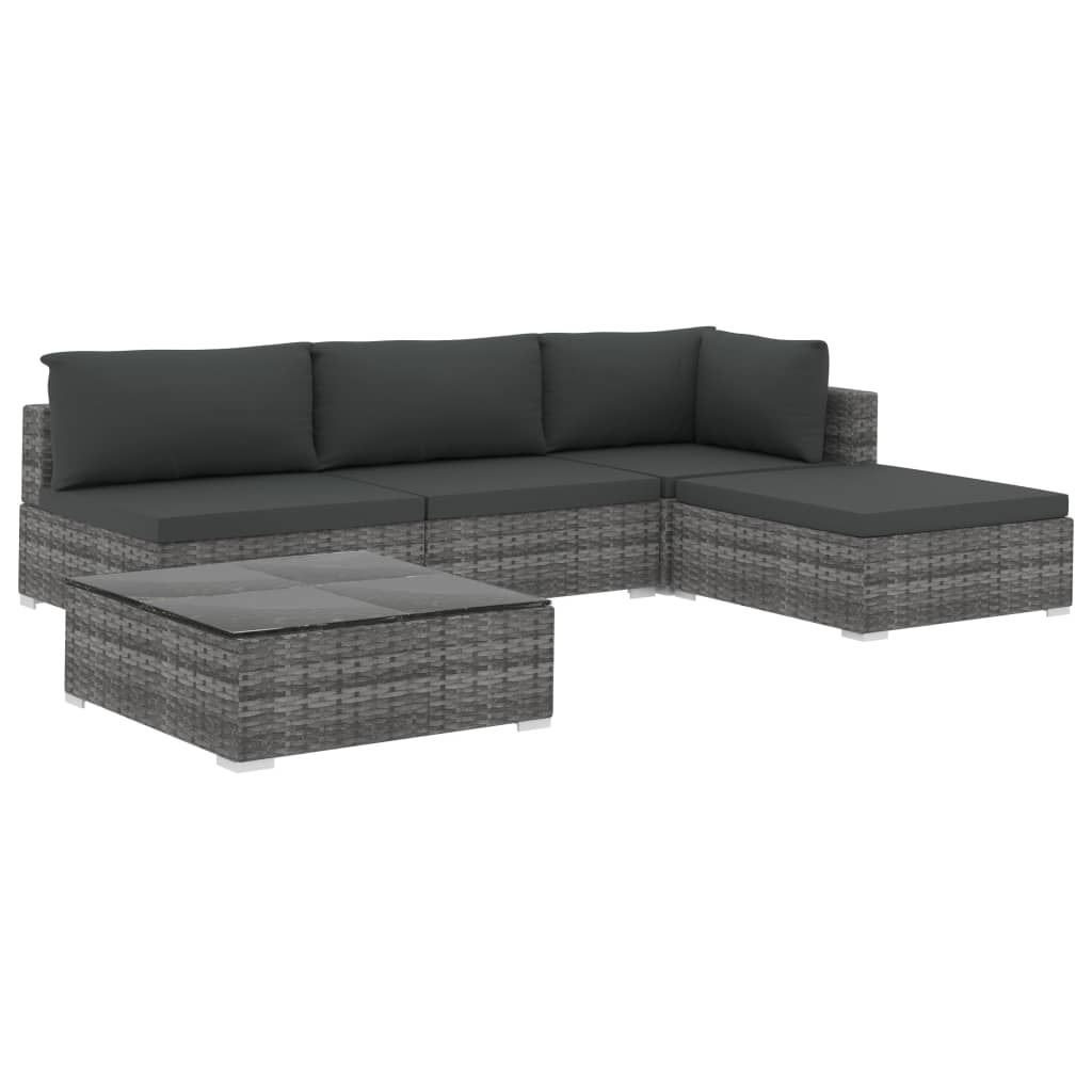 vidaXL 5 Piece Patio Lounge Set with Cushions Poly Rattan Gray
