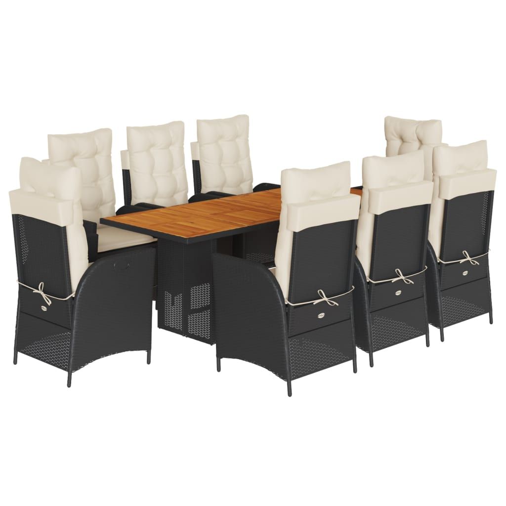 vidaXL 9 Piece Garden Dining Set with Cushions Black Poly Rattan